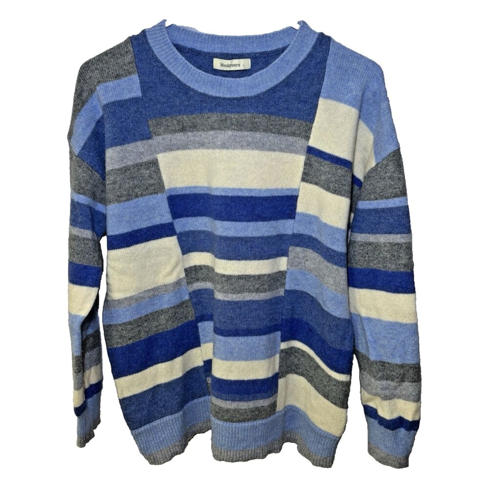 WoolOvers Sweater Large ? Womens Crew Neck Lambs Wool Blue Striped Cardigan Knit